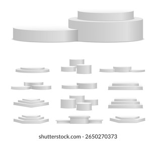 Podiumrendering. Cilinderbasis met gebogen interieur en verlichte standaard. Lege lege scène voor productshowcase of conceptlay-out in grijze tint met zacht licht en perspectiefontwerp.

