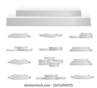 Podiumrendering. Cilinderbasis met gebogen interieur en verlichte standaard. Lege lege scène voor productshowcase of conceptlay-out in grijze tint met zacht licht en perspectiefontwerp.

