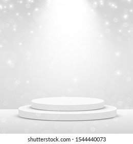 Stage Podium Scene for Award Ceremony illuminated with spotlight. Award ceremony concept. Stage backdrop. Vector illustration