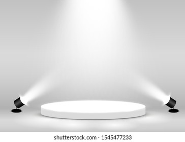 Stage Podium Scene For Award Ceremony Illuminated With Spotlight. Award Ceremony Concept. Stage Backdrop. Vector Illustration