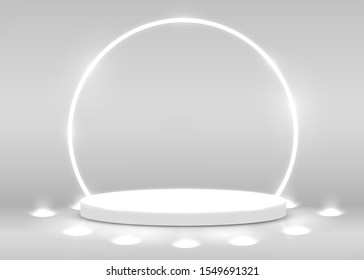 Stage Podium Scene for Award Ceremony illuminated with spotlight. Award ceremony concept. Stage backdrop. Vector illustration