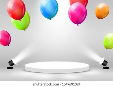 Stage Podium Scene for Award Ceremony illuminated with spotlight and flying balloons. Award ceremony concept. Stage backdrop. Vector illustration