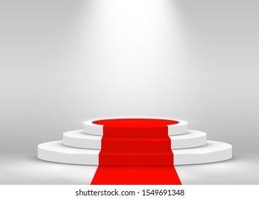 Stage Podium Scene for Award Ceremony illuminated with spotlight and red carpet. Award ceremony concept. Stage backdrop. Vector illustration