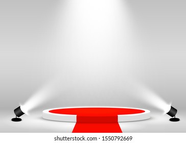 Stage Podium Scene For Award Ceremony Illuminated With Spotlight And Red Carpet. Award Ceremony Concept. Stage Backdrop. Vector Illustration