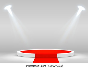 Stage Podium Scene For Award Ceremony Illuminated With Spotlight And Red Carpet. Award Ceremony Concept. Stage Backdrop. Vector Illustration