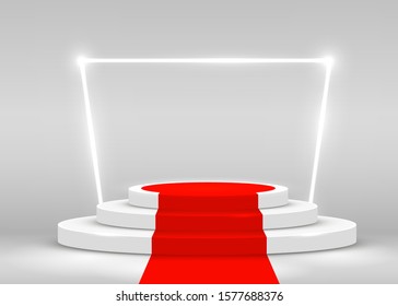 Stage Podium Scene For Award Ceremony Illuminated With Spotlight And Red Carpet. Award Ceremony Concept. Stage Backdrop. Vector Illustration