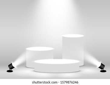 Stage Podium Scene for Award Ceremony illuminated with spotlight. Award ceremony concept. Stage backdrop. Vector illustration