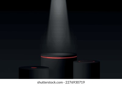 Stage podium scene for award ceremony on black background realistic 3D vector illustration. Pedestal mock up