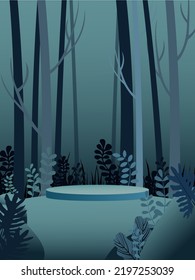 Stage podium , Stage Podium Scene with for Award, Twilight forest backdrop , Decor element background. Halloween atmosphere, Vector illustration