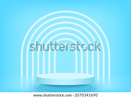 Stage podium scene for product display, show, award ceremony, winner decorated with arch neon lighting on light blue background.Abstract clean backdrop. 3d pedestal. Minimal style.Vector illustration.