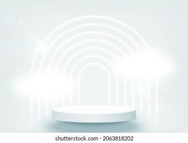 Stage podium scene for product, show, award ceremony decorated with arch shapes lighting, clouds, on soft blue background. Abstract clean backdrop. 3d pedestal. Minimal style. Vector illustration.