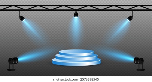 Stage podium set. Blue spotlights on transparent background. Eps 10.