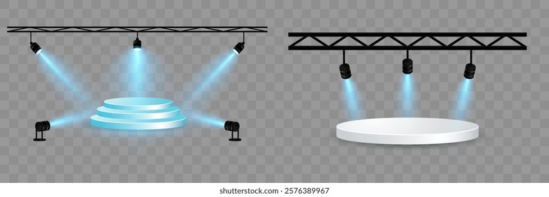 Stage podium set. Blue spotlights. Event lighting on transparent background. Eps 10. Vector illustration.