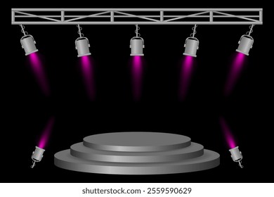 Stage podium set. Gray platform, purple spotlights, metal frame, hanging lamps, event lighting, dark background, presentation area, performance setup, theater design, concert preparation