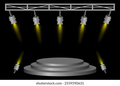 Stage podium set. Gray platform, Yellow spotlights, metal frame, hanging lamps, event lighting, dark background, presentation area, performance setup, theater design, concert preparation