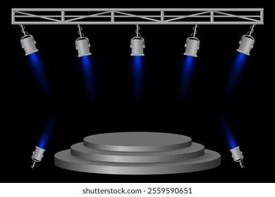 Stage podium set. Gray platform, blue spotlights, metal frame, hanging lamps, event lighting, dark background, presentation area, performance setup, theater design, concert preparation