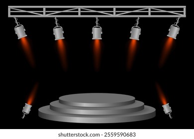 Stage podium set. Gray platform, red spotlights, metal frame, hanging lamps, event lighting, dark background, presentation area, performance setup, theater design, concert preparation