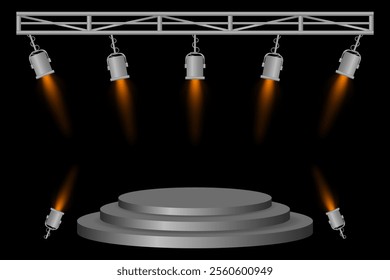 Stage podium set. Gray platform, red spotlights, metal frame, hanging lamps, event lighting, dark background, presentation area, performance setup, theater design, concert preparation