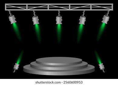 Stage podium set. Gray platform, green spotlights, metal frame, hanging lamps, event lighting, dark background, presentation area, performance setup, theater design, concert preparation