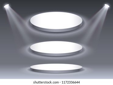 Stage podium set with lighting, Stage Podium Scene with for Award Ceremony on gray Background, Vector illustration