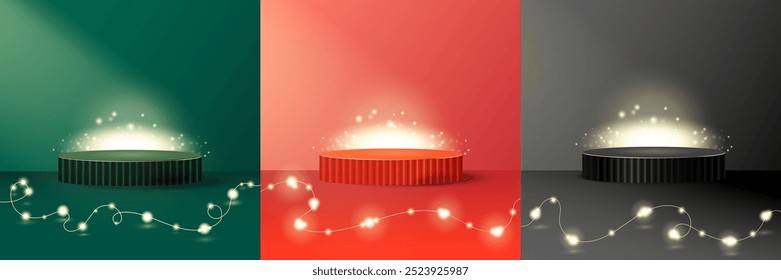 Conjunto de podio de escenario para exhibición de productos con bombillas brillantes para vacaciones de Navidades, diseño Mockup estilo 3D. Lujoso escenario de plataforma de Producto verde rojo y negro colores. Fondo publicitario. Fondo de Vector