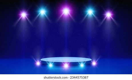 Stage, podium, spotlight. Blue pink purple background, backdrop for displaying products. Shining stage light with ramp illumination. Bright spotlights, light spot podium. Glowing. Vector illustration