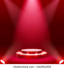 Stage podium with spotlight on red background