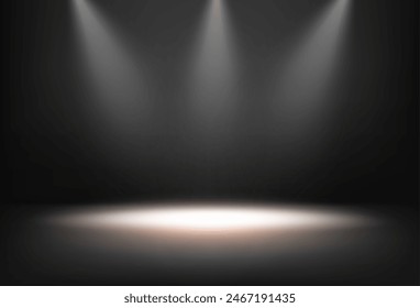 Stage or podium with spotlights and illumination. Vector isolated realistic scene with dim lights and smoke. Presentation or display of products, advertisements or event performance ceremony