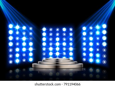 Stage podium with spotlights and stage light background