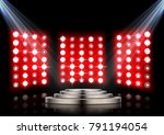 Stage podium with spotlights and red stagelight background