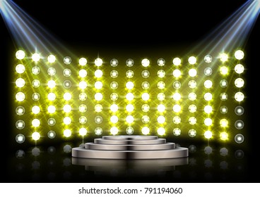 Stage podium with spotlights and yellow stage light background