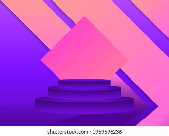 Stage with a podium in the style of the 80s. Gradient podium for product presentation in retro style. 3d platform studio. Advertising pedestal, mockup. Vector illustration