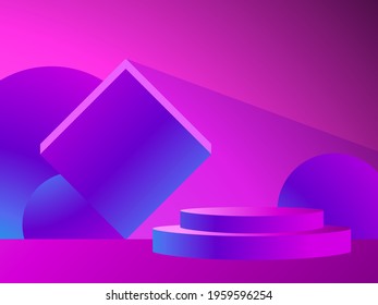 Stage with a podium in the style of the 80s. Gradient podium for product presentation in retro style. 3d platform studio. Advertising pedestal, mockup. Vector illustration