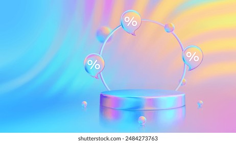 Stage podium. Summer sale. Discount percent. Mega sale special offer. Product podium, pedestal, platform. Bright sunset and sunrise sky colors. Blue, purple, orange, pink, yellow. Vector illustration.