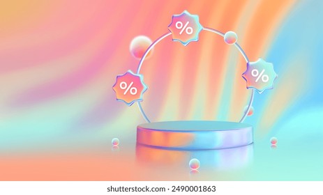 Podio de escenario. Venta de verano. Porcentaje de descuento. Mega oferta especial de venta. Podio de Producto, pedestal, plataforma. Colores brillantes del atardecer y del cielo del amanecer. Azul, púrpura, naranja, rosa, amarillo. Ilustración vectorial.