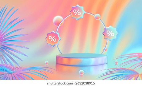 Stage podium. Summer sale. Discount percent. Mega sale special offer. Product podium, pedestal, platform with tropical leaves. Bright sunset and sunrise sky colors. Blue, purple, orange, pink. Vector.