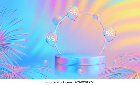 Stage podium. Summer sale. Discount percent. Mega sale special offer. Product podium, pedestal, platform with tropical leaves. Bright sunset and sunrise sky colors. Blue, purple, orange, pink. Vector.
