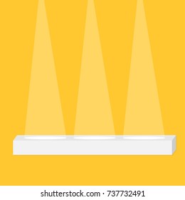 Stage podium table desk stand illuminated by three spotlights. Empty pedestal for display. 3d realistic Platform for design. Isolated. Yellow background. Template. Flat design. Vector illustration
