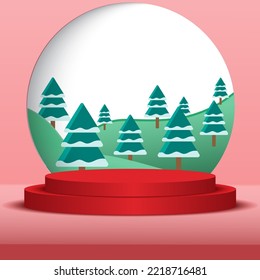  Stage podium  trees. Christmas scene.3d circle pedestal for a product, show, on a red background. Vector illustratio 