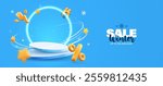 Stage podium vector illustration. Round pedestal with percentage and flash icons with wind effect and neon ring on blue background. Discount offer, sale template.