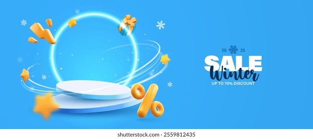 Stage podium vector illustration. Round pedestal with percentage and flash icons with wind effect and neon ring on blue background. Discount offer, sale template.