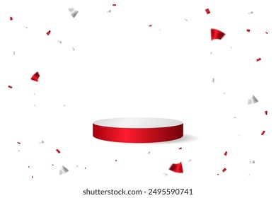 Stage Podium With White And Red Confetti Ribbon On Studio Background. Vector Illustration