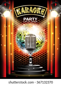 Stage with podium,retro microphone, disco ball and spotlights. Disco party or karaoke background. 