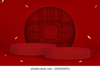 Stage podiums for product presentation display with oriental style decoration in red background, Chinese new year concept