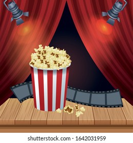 stage with popcorn bucket and film reel over Red cinema curtains background, colorful design, vector illustration