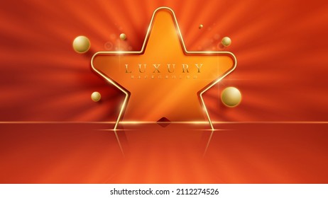 Stage for product display and gold star frame decoration with glitter light effects with bokeh and 3d ball elements. Orange luxury style background.