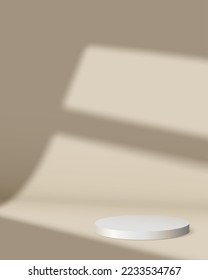 Stage for product display. Spot of light from window on background. White marble podium on floor. Vector 3d illustration.