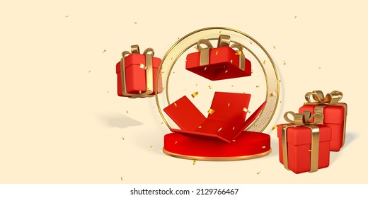 Stage for product on cylinder podium. Open realistic Gift Box with bow and ribbon. Surprise inside. Vector illustration.