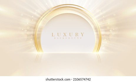 Stage for product show and circle frame with golden curve line decoration and glitter light effects and bokeh. Luxury style background.