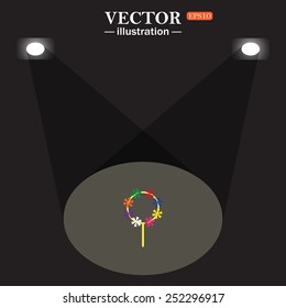 stage, projector on black background.  Children's toy wind mill, turntables, pinwheel wind vane, vector illustration, EPS 10